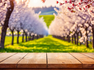 Wooden Table in Blooming Almond Orchard