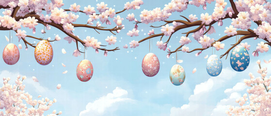 Blooming cherry trees with colorful Easter eggs hanging in a spring landscape