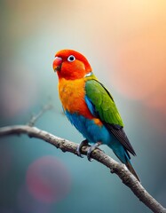 Obraz premium Colorful lovebird sitting on a branch on a soft blurred background.