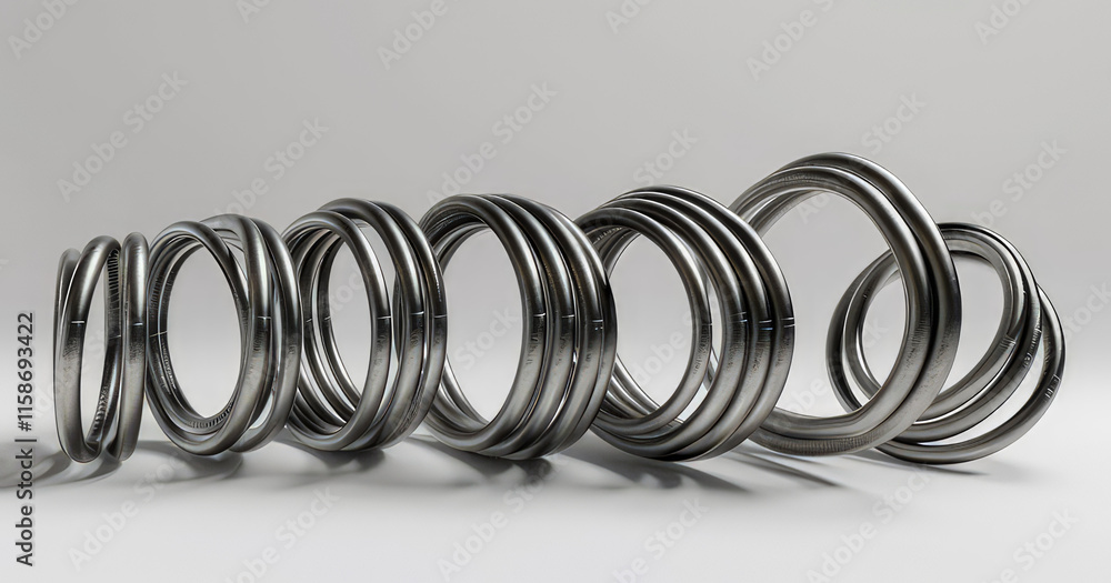 Poster a series of metallic rings arranged in a line, showcasing smooth curves and reflections. isolated on