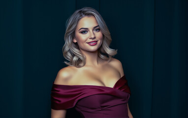 Fototapeta premium A confident young woman with blonde hair in a stunning red dress, posing gracefully against a dark studio background.