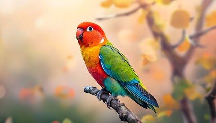 Colorful lovebird sitting on a branch on a soft blurred background.