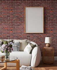Interior living room mockup frame, brick wall poster empty in home design, interior design element mockup, blank frame 3d render
