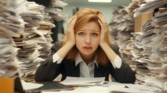 Stressed businesswoman overwhelmed by paperwork in office