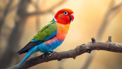 Obraz premium Colorful lovebird sitting on a branch on a soft blurred background.