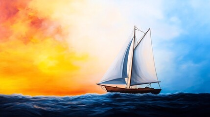 Fototapeta premium Vibrant Sunset Sailboat: A Captivating Oil Painting Illustration. AI Generated