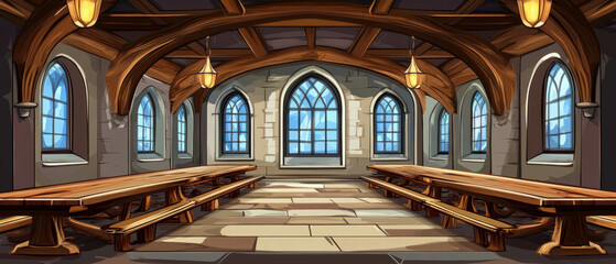 Obraz premium Cozy castle dining hall with long wooden tables and vintage lighting in a charming atmosphere
