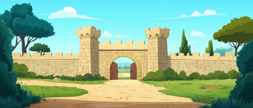 Cartoon illustration of a castle gatehouse featuring a portcullis and lush greenery