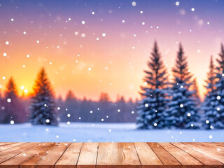 Fototapeta premium Wooden Table in Snowy Winter Wonderland at Sunset