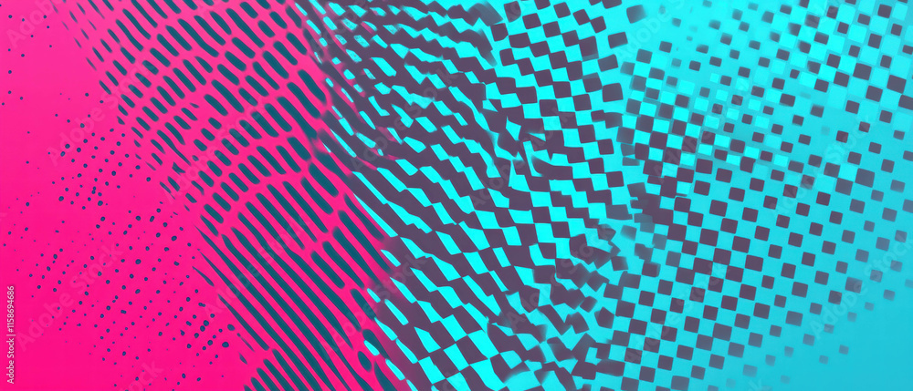 Poster vibrant cyan and magenta checkerboard halftone pattern creates dynamic visual effects