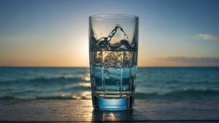 

Glass with water with background on the realistic 3d horizon