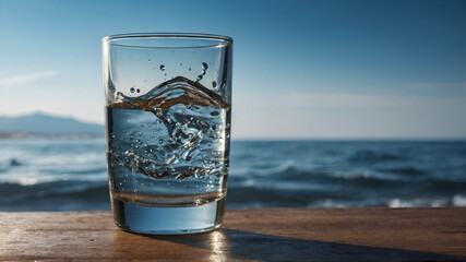 

Glass with water with background on the realistic 3d horizon