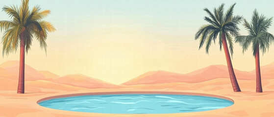 Desert oasis with palm trees and a tranquil pool under a serene sky