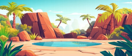 Obraz premium Scenic desert oasis featuring palm trees and a tranquil water pool