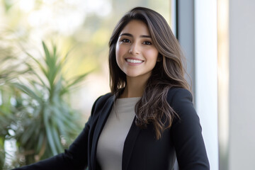 Fototapeta premium Happy Young Hispanic Businesswoman Using Tablet in Modern Office as Successful Leader and Career Dreamer