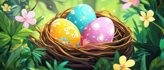 Fototapeta premium Brightly colored Easter eggs hidden in a nest surrounded by vibrant spring foliage