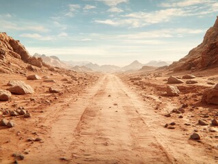 Fototapeta premium A picturesque view of Mars' surface, featuring red sands and rocky landscapes under a clear blue sky, resembling a Martian desert.