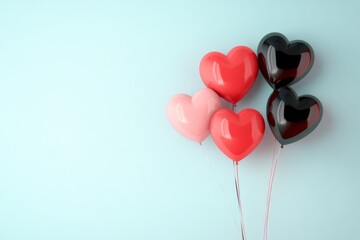 Valentine's Day blue background with copy space, heart shaped black, red and pink balloons 