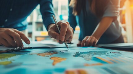 Fototapeta premium A close-up of a lady and man pointing to locations on a global map. A woman writing in a diary about her holiday plans.