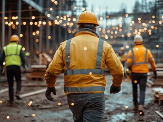 The image shows construction workers in safety gear at a bustling building site, surrounded by scaffolding and illuminated by warm lights.