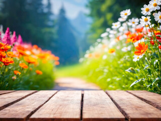 Wooden Tabletop with Blurred Colorful Flower Garden Background.