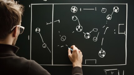 Coach drawing a soccer football game strategy in the locker room