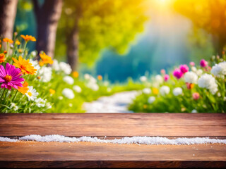 Wooden Table with Snow and Blurred Spring Flowers Background.