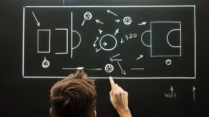 Coach drawing a soccer football game strategy in the locker room