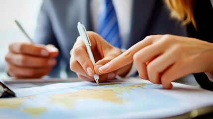 A close-up of a lady and man pointing to locations on a global map. A woman writing in a diary about her holiday plans.