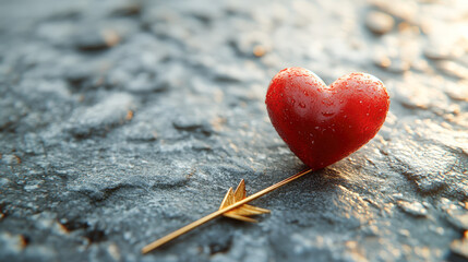 Fototapeta premium Small red heart pierced by a gold arrow on textured ground.