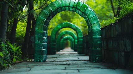 Fototapeta premium Serene Green Glass Archway Photo: Lush Garden Pathway Perspective. AI Generated