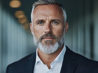 A confident businessman with a gray beard and suit stands poised, suggesting leadership and professionalism in a modern setting.