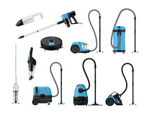 Vacuum cleaner modern and retro blue device for floor cleaning set realistic vector illustration