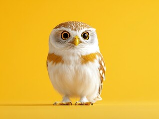 Fototapeta premium A studio portrait of a surprised owl with wide eyes and fluffy feathers, isolated on a vibrant yellow background, conveying curiosity and energy.