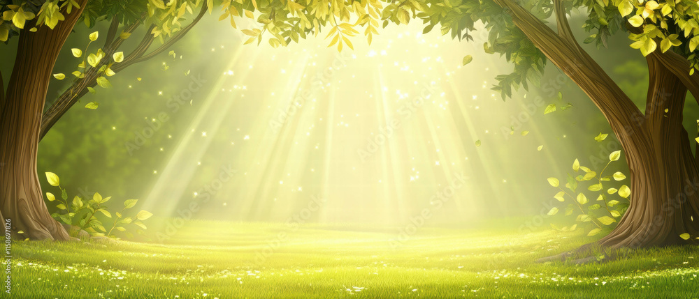 Poster vibrant forest with sunlight filtering through lush leaves creating a serene atmosphere