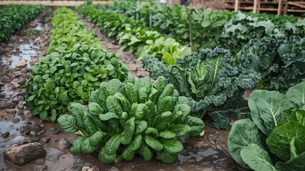 Freshly Grown Leafy Greens in a Vibrant Garden Bed