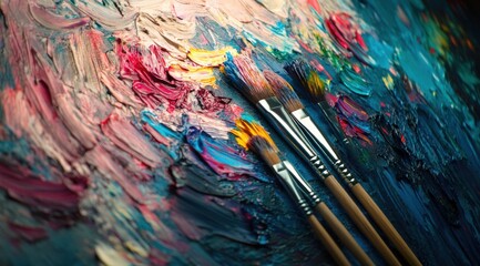 Obraz premium A set of paintbrushes and a palette on an artist's canvas, with colorful strokes of paint scattered across the surface