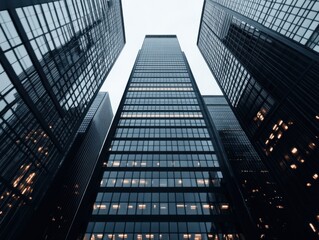 The image depicts towering reflective skyscrapers in a business district, creating a modern and urban atmosphere against a pale sky.