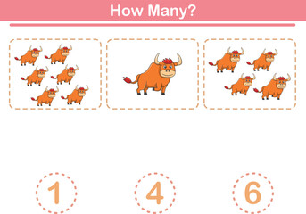 Counting game of cute bulls for preschool kids. Printable. Vector Illustration