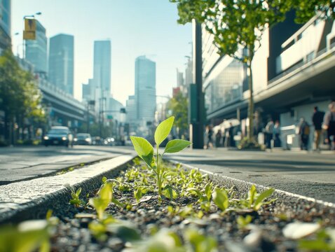 A vibrant green plant grows amidst an urban environment, symbolizing sustainability and the coexistence of nature and city life.