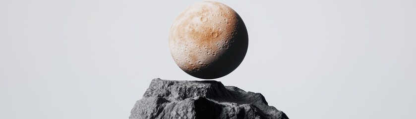 Naklejka premium A minimalist sculpture featuring a spherical object balanced atop a rugged rock, set against a light background.