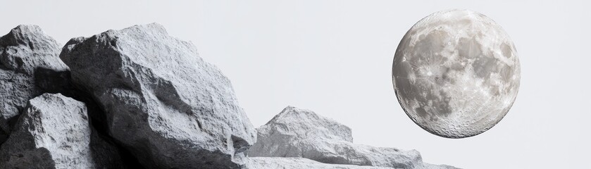A rocky landscape with a large full moon in the background, creating a serene and atmospheric nighttime scene.