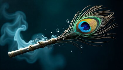 Mystical Peacock Feather and Incense Holder in Teal Water with Smoke