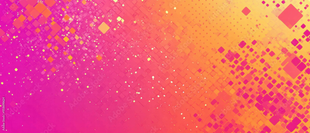 Poster colorful vector cartoon background of pink and orange halftone squares with dynamic patterns