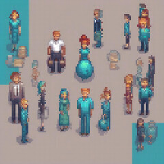 Pixel art image showcases diverse group people some wearing blue standing circle