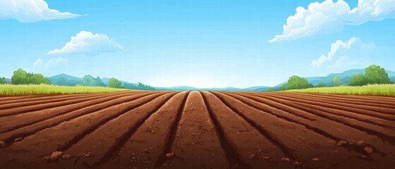 Vector cartoon illustration of plowed field with dark soil under a clear blue sky