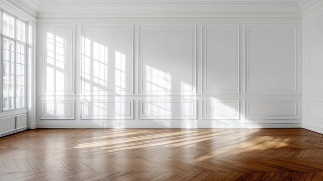 A bright, empty room with wooden flooring and white walls, featuring sunlight streaming through large windows, creating a serene atmosphere.