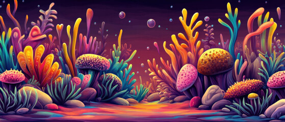 Vibrant illustration of colorful anemones and sea urchins on a rocky seabed