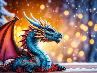 Obraz premium Magical Blue Dragon in Winter Wonderland