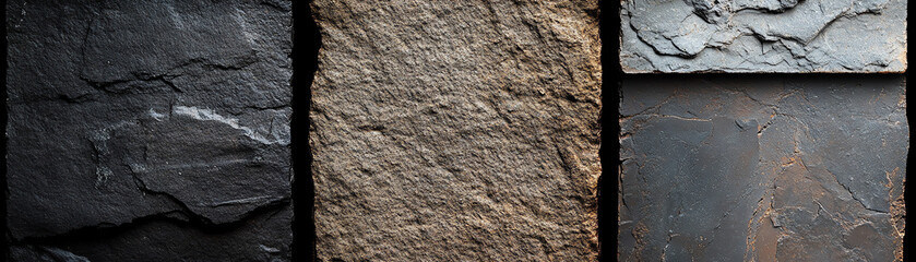 A close-up view of various stone textures displaying a range of colors and patterns suitable for architectural designs and backgrounds.